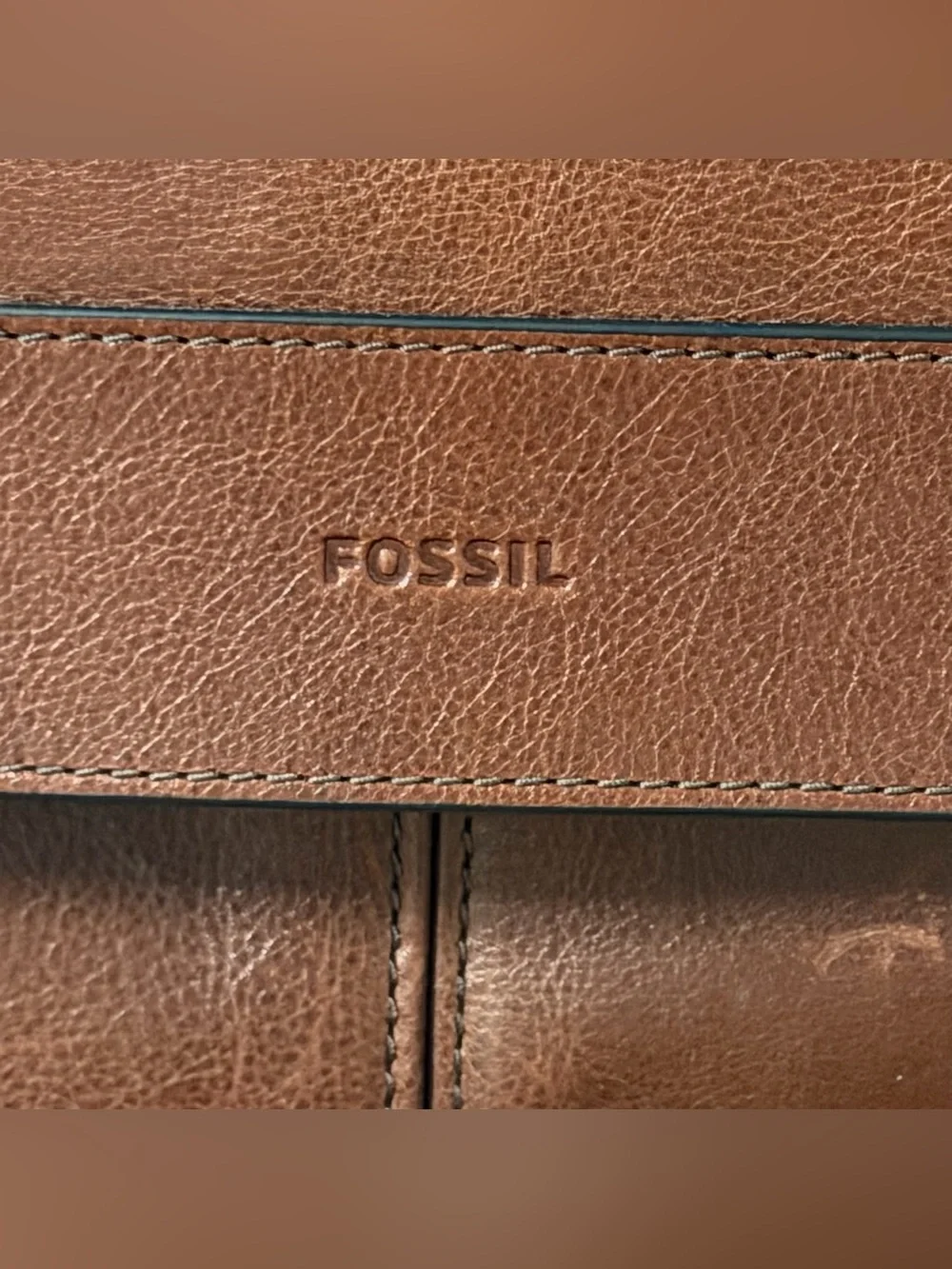 Fossil Brown Leather laptop Messenger Bag with Embossed Logo New
